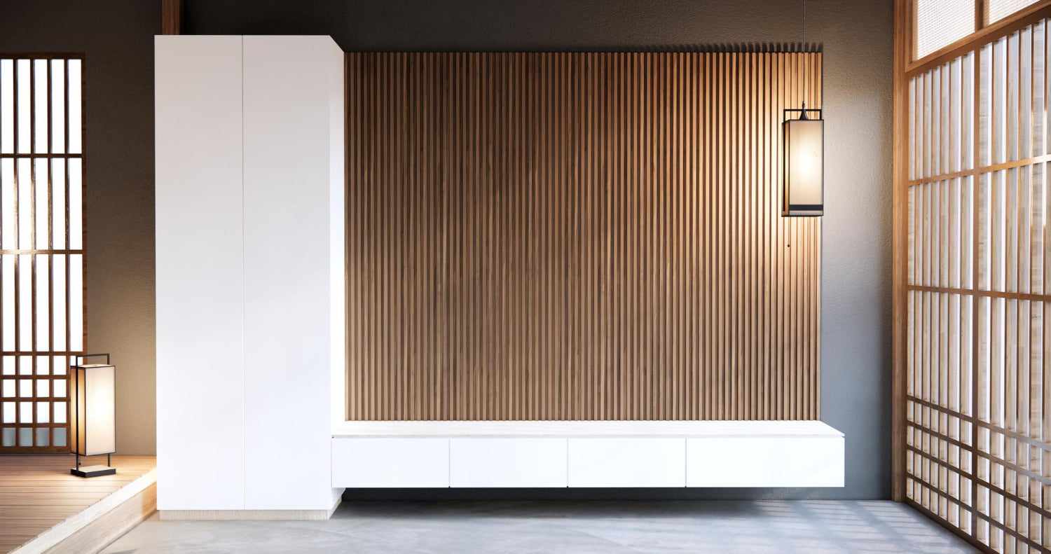 Minimalistic interior featuring a wooden accent wall paired with white furniture and soft lighting.