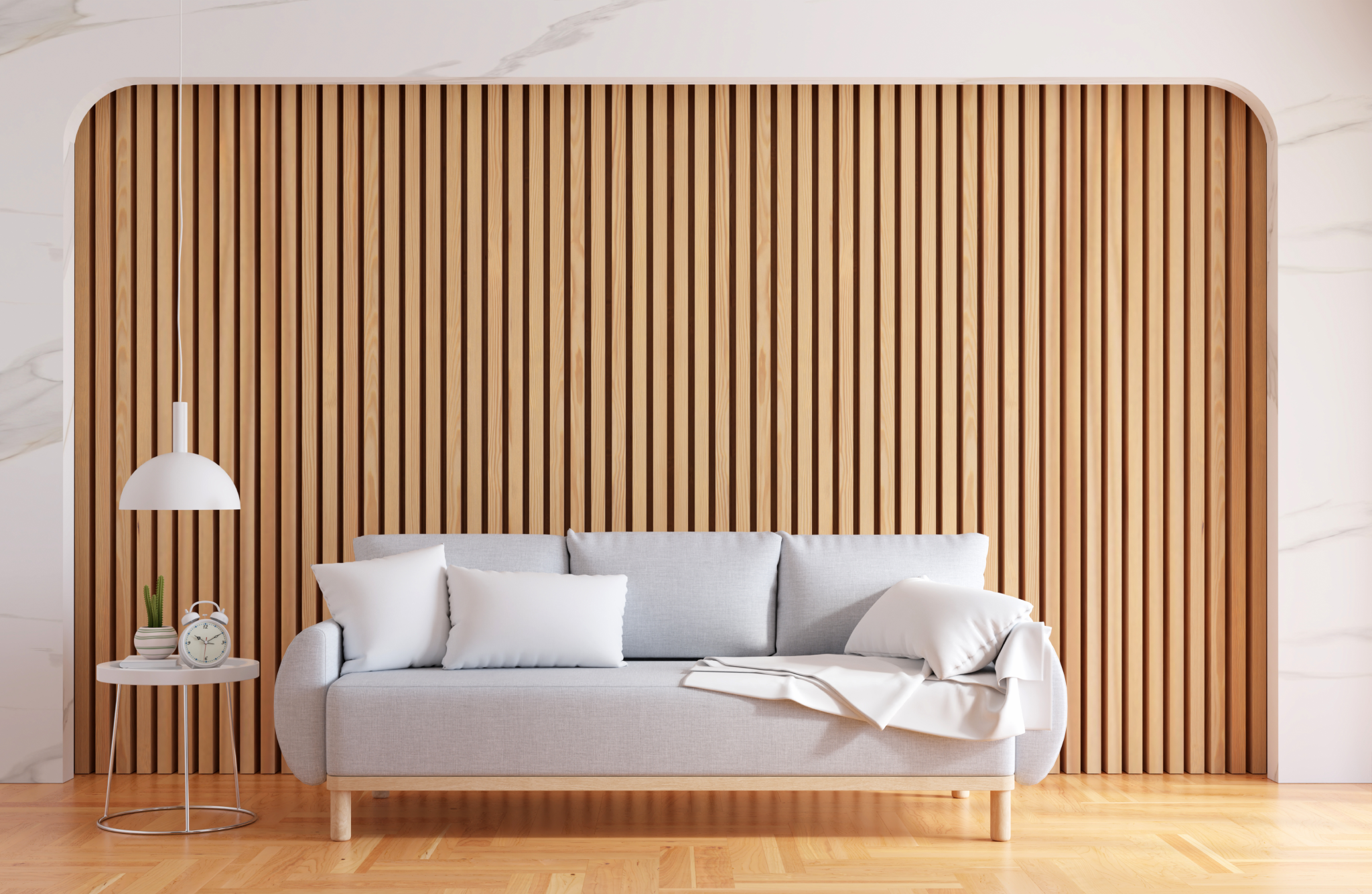 Greige, a blend of gray and beige sofa and golden oak wood floor paneling