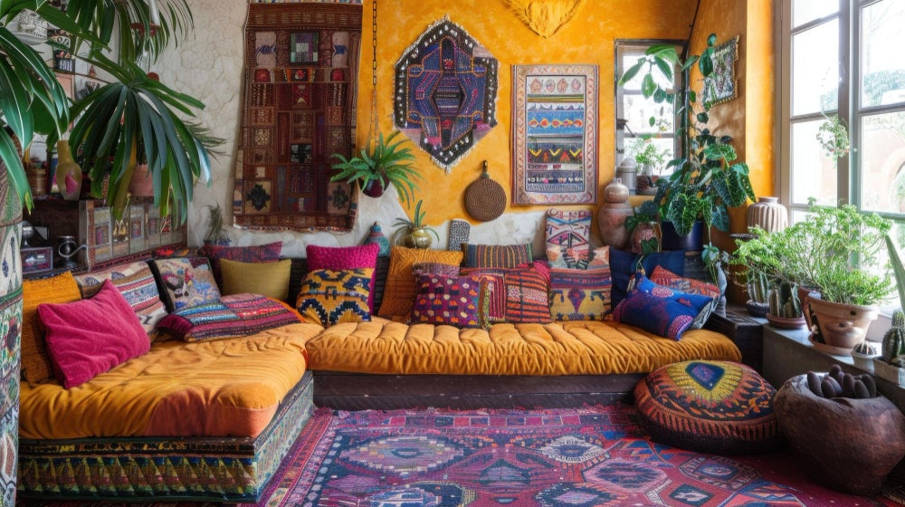 Cozy Americana interior with handwoven quilts, braided rugs, and artisanal decor celebrating American craftsmanship.