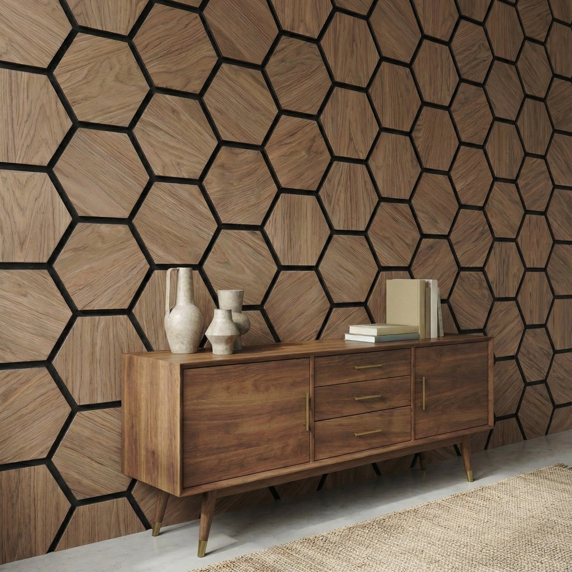 Acoustic Hexagon Wood Wall Panels - Walnut - View 7