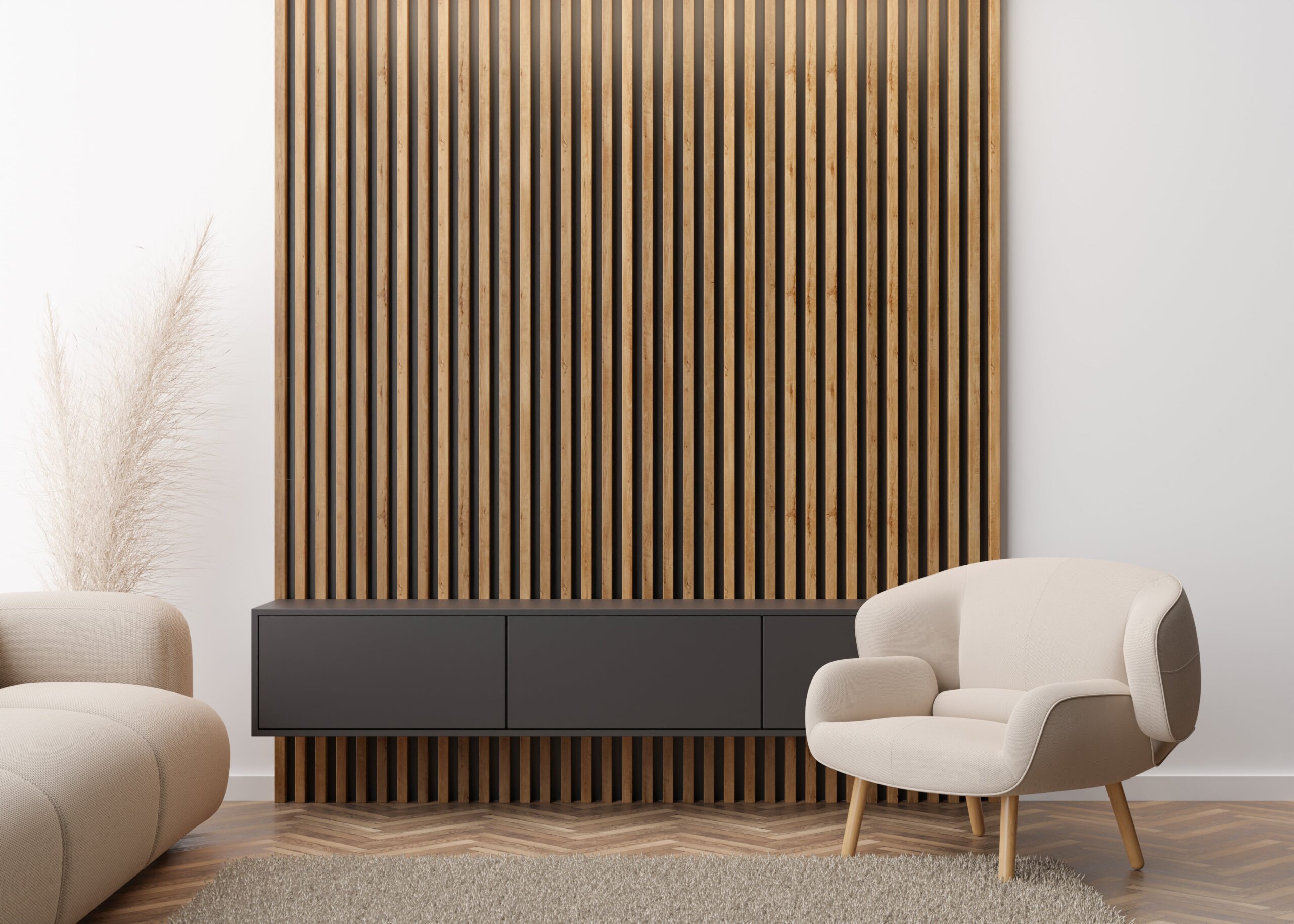 Modern living room interior featuring a dark wooden slat wall, beige armchair, floating black cabinet, and light neutral decor.