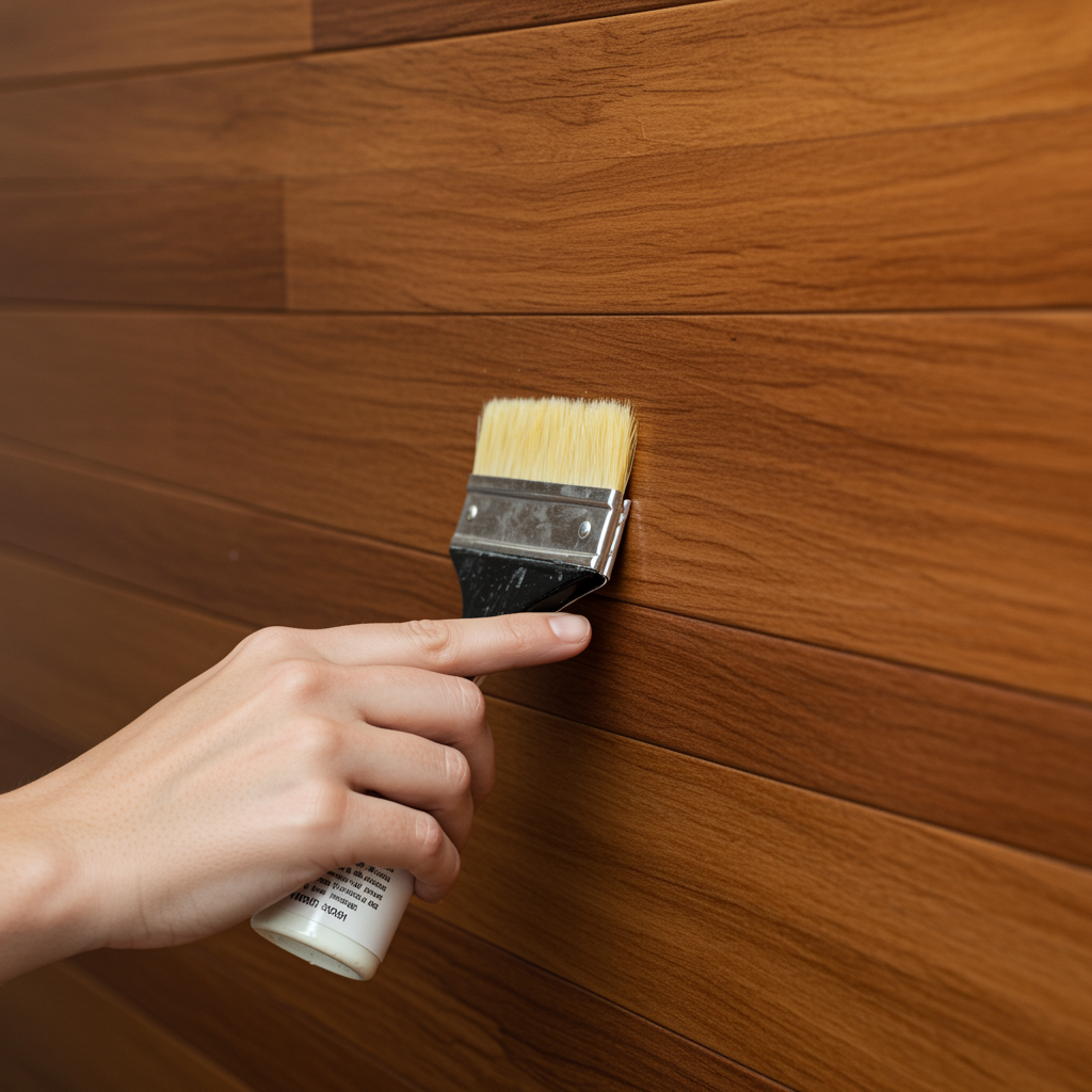 Applying natural wood polish to wall panels to enhance shine and protect the surface.