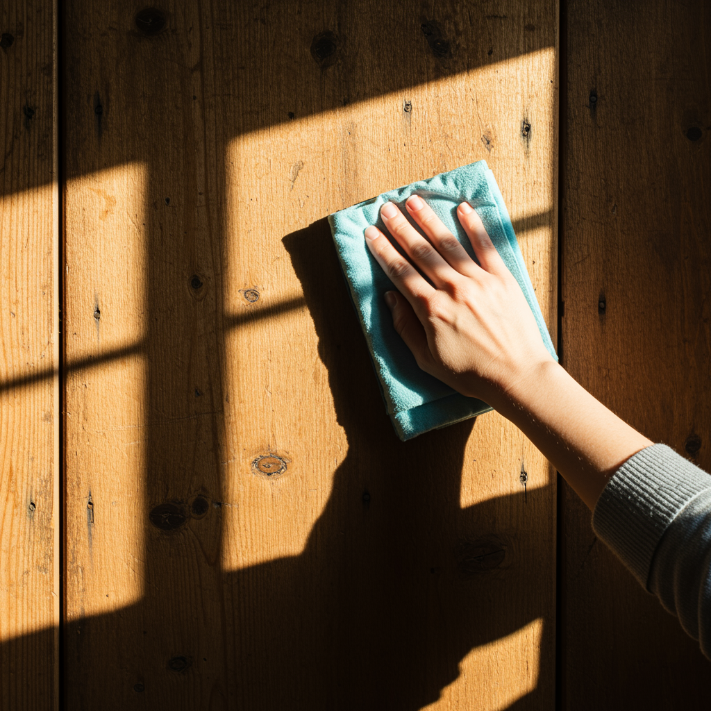 Person wiping wood wall panels with a soft cloth.