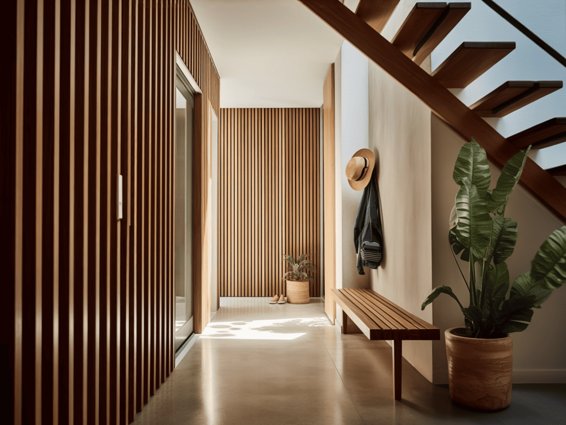 Elegant entryway featuring a wooden accent wall, a modern bench, and potted plants.
