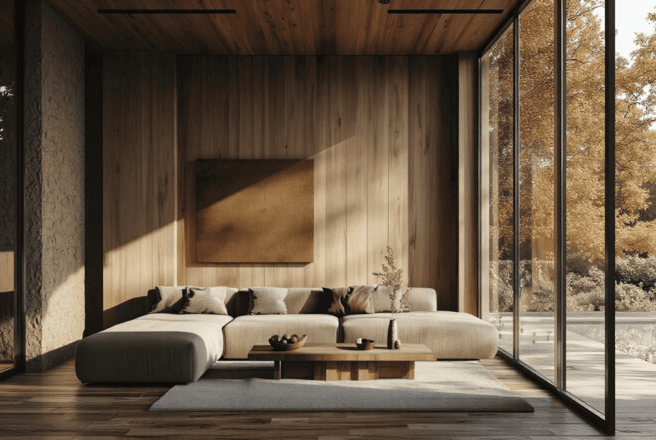 Stylish living room with a wooden accent wall, large windows, a neutral-colored sofa, and natural lighting.