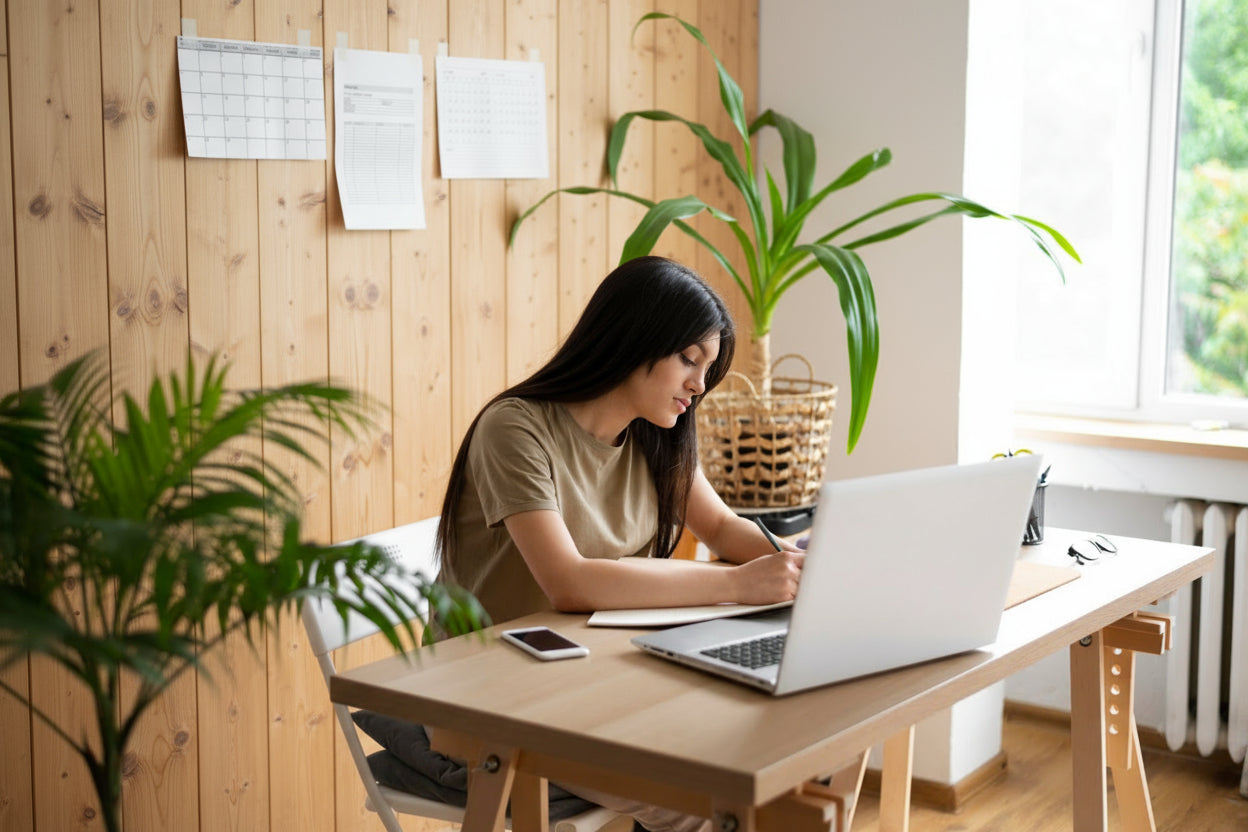Home office with natural wood panel feature wall and a woman working at a desk near window light.