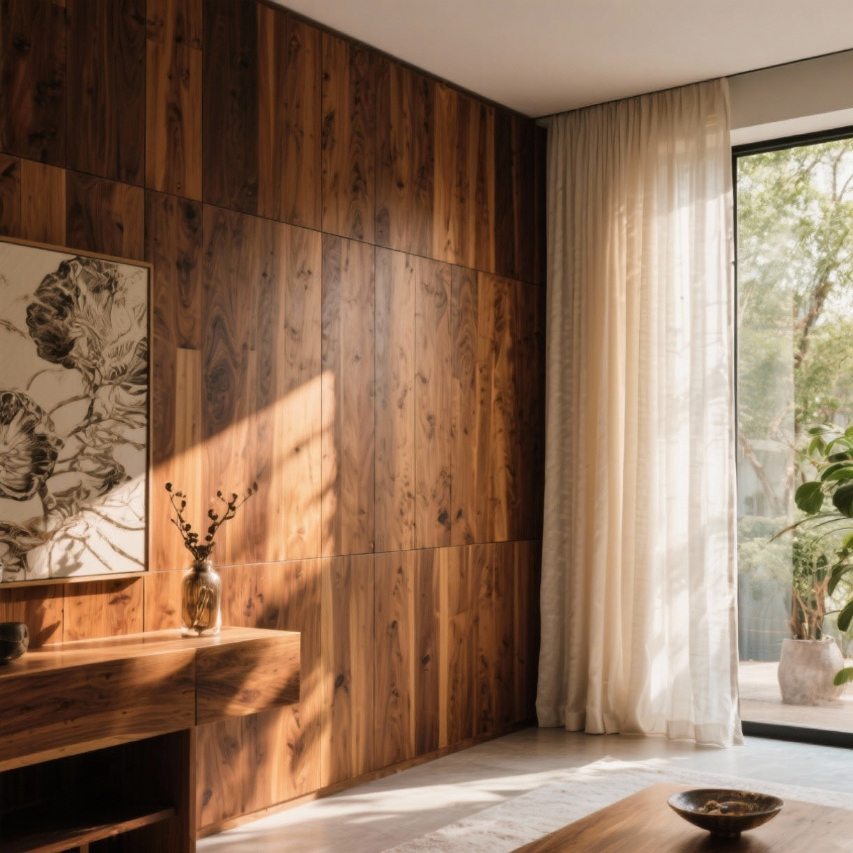 Wood wall panels protected from direct sunlight with light curtains to prevent fading.