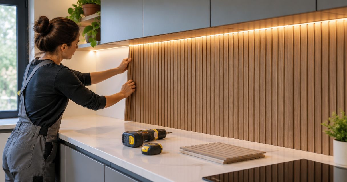Installing wall panels with under-cabinet LED lighting